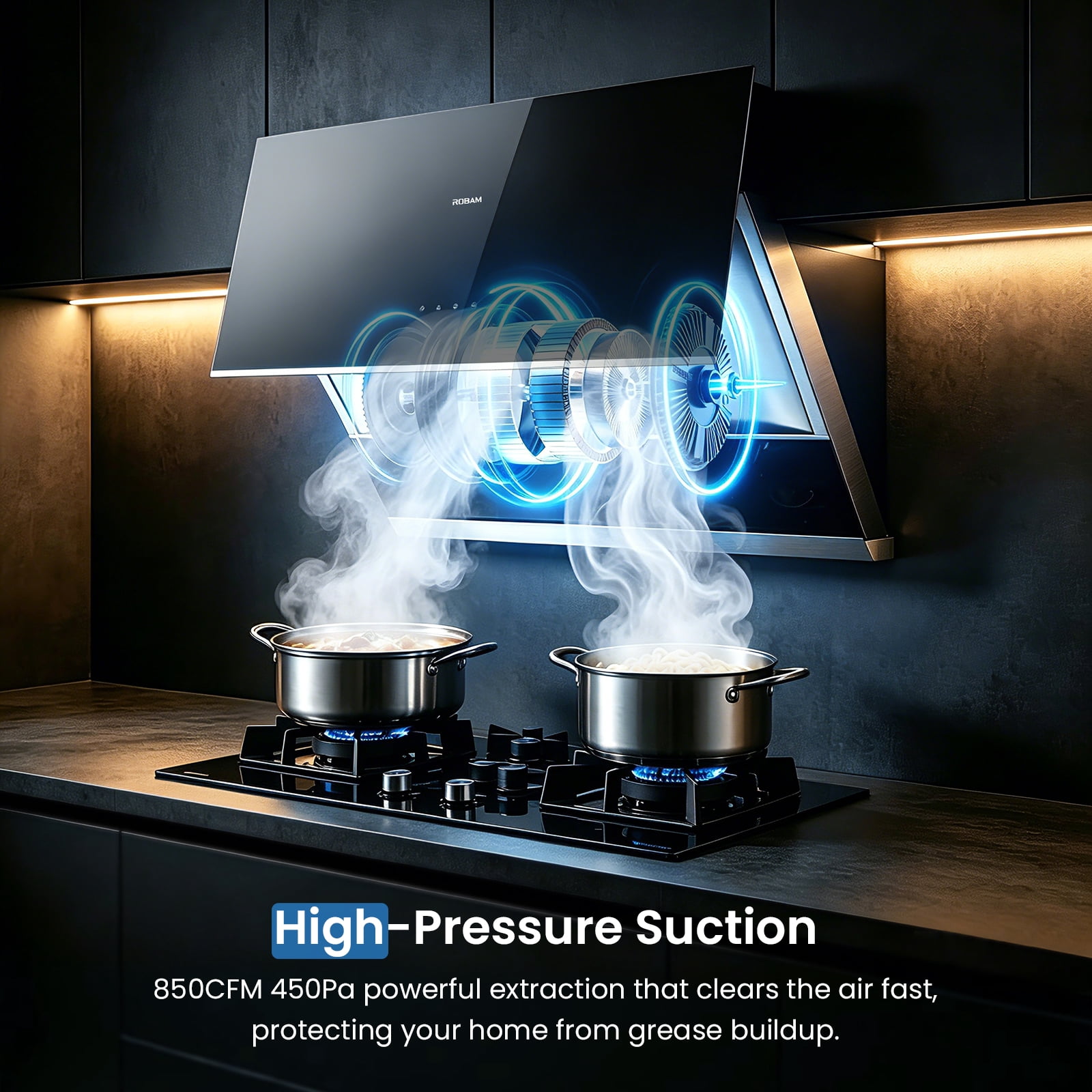 ROBAM 30”Under Cabinet Range Hood, 850 CFM Powerful Suction, Side-Draft Design with Touch Control, Dishwasher Safe Filter, Tempered Glass Surface Vent Hood 3 Speed Exhaust Fan