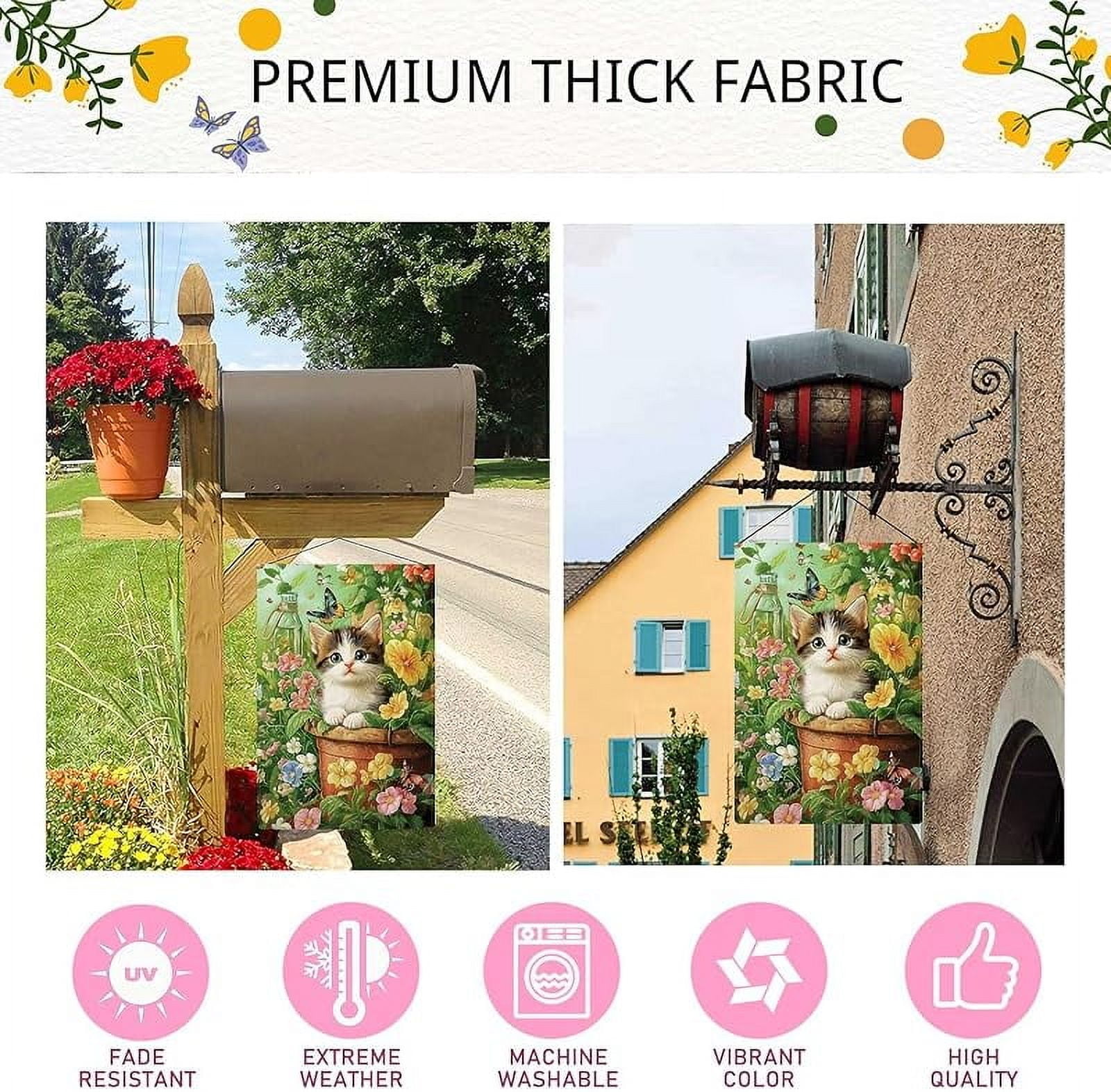 Spring Cute Cat Garden Flag Spring Summer Butterfly Floral Flowers Garden Flag Vertical Double Sided Rustic Farmland Burlap Yard Lawn Outdoor Decor
