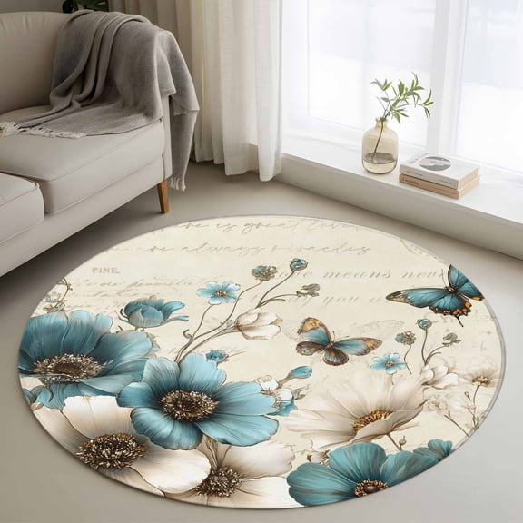 Small Round Rug 3Ft Washable Non-Slip, Teal Tulip Butterfly Circle Area Rugs for Living Room Bedroom, Turquoise Floral Farmhouse Beige Indoor Floor Mats Carpet Runner for Home Decor