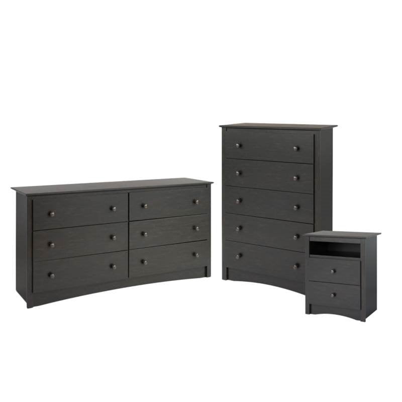3 Piece Set with Nightstand Dresser and Chest in Black
