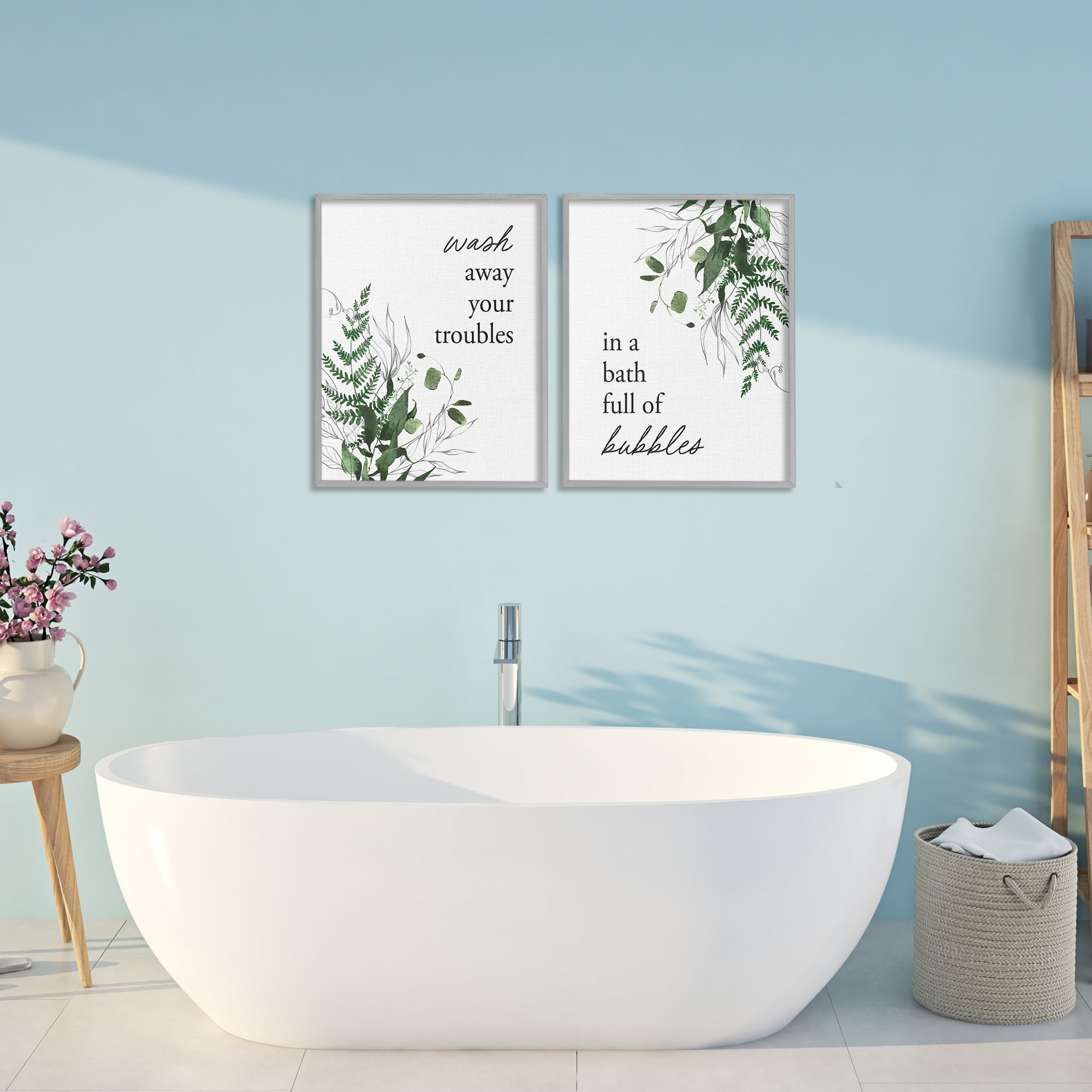 Bubble Bath with Forest Foliage 2 Piece Gray Framed Giclee Art Set, design by Lettered and Lined