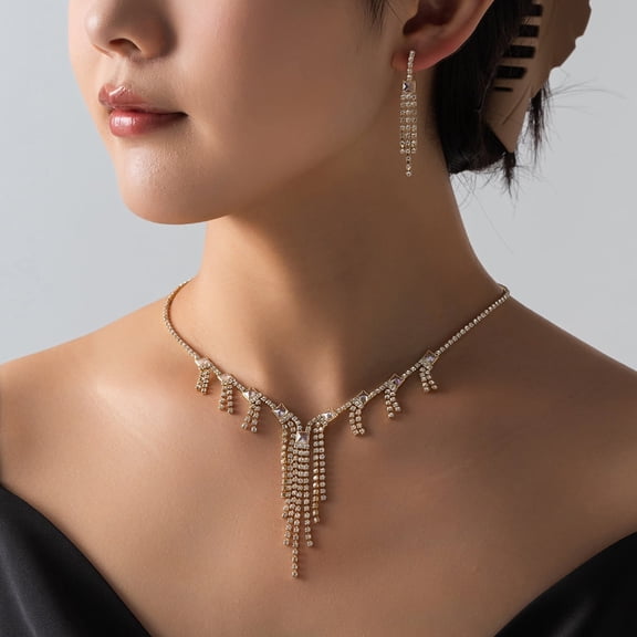 Unique Wedding Dress Accessory Set with Rhinestone Necklace and Earrings