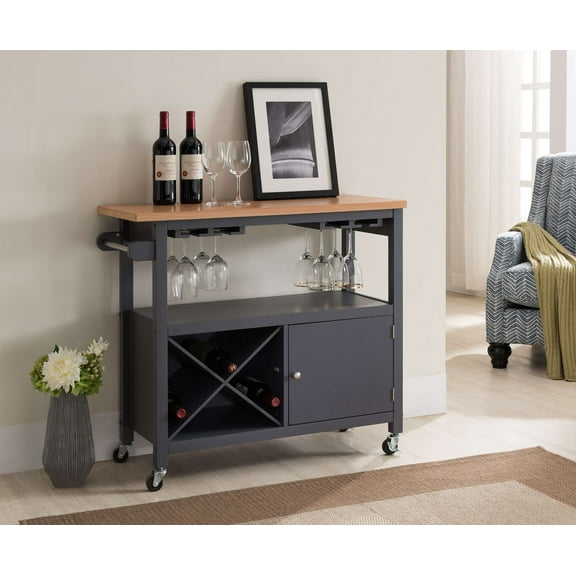 Kings Brand Furniture Gray / Natural Kitchen Storage Serving Cart with Wine Rack