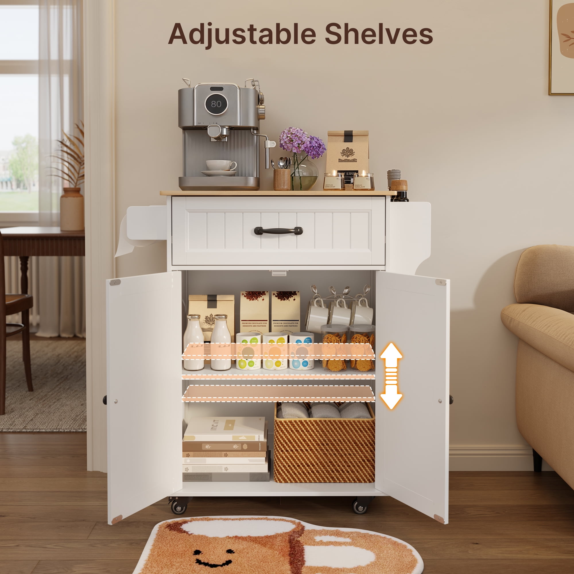 Lofka Kitchen Island Cart with Storage on Wheels, Microwave Stand with Spice Rack & Towel Rack, White Rolling Kitchen Cart with Drawer, Adjustable Shelf for Small Kitchen, Dining Room