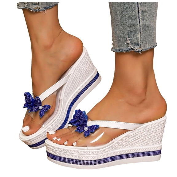 Rokment Women's Sparkly Pearl Rhinestones Platform Wedge Slip on Open Back Dressy Sandals Elegant Clear Chunky High Heels Slides Bridal Summer Slippers for Wedding Blue Size 6