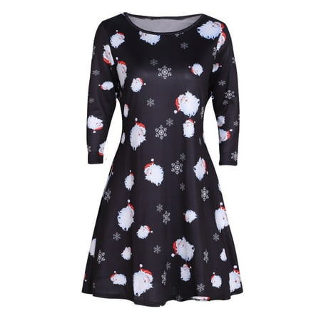 Christmas Snowflake Dress (Women Reindeer Santa Claus Dress Ladies Christmas Swing Dress Plus 3/4 Sleeve Crew Neck Snowflake Flared Loose)