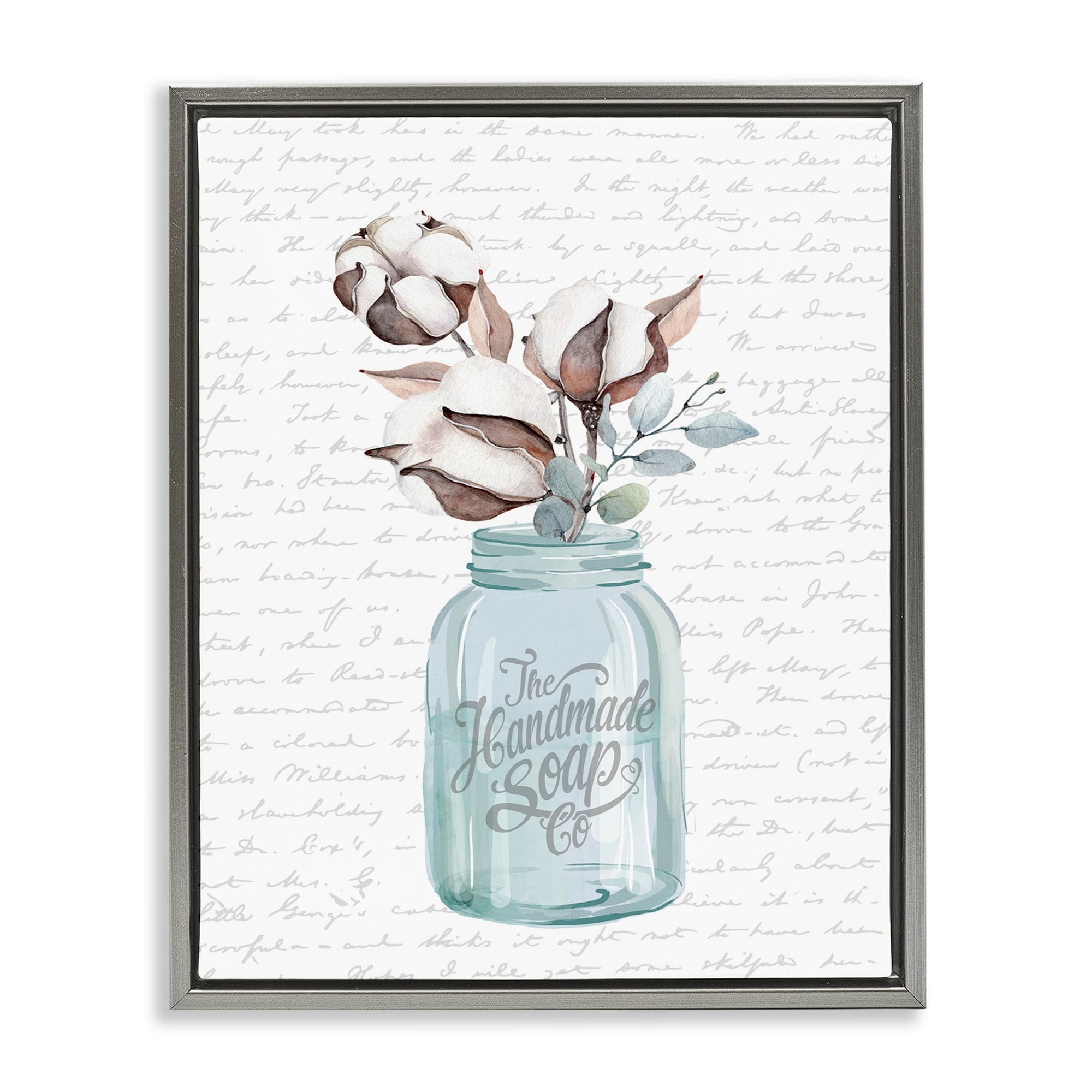 Stupell Industries Handmade Soap Jar Cotton Flower Bathroom Word Design Luster Gray Framed Floating Canvas Wall Art, 16x20, by Lettered and Lined