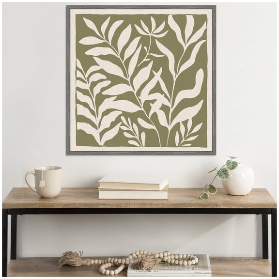 Kate and Laurel Sylvie Modern Minimalist Botanical Green and Neutral Linen Framed Canvas Wall Art by The Creative Bunch Studio 30 x 30 Grey, Modern, Abstract, Nature Art for Wall Decor, Living Room