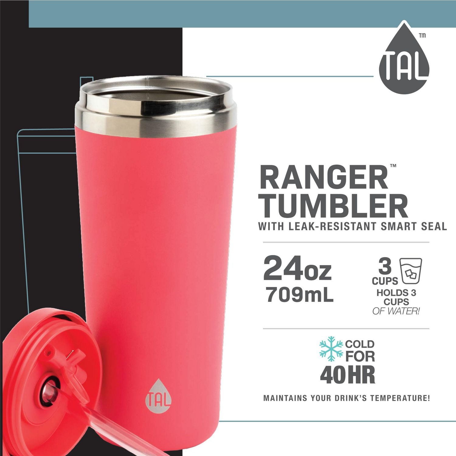 TAL Stainless Steel Ranger Sport Tumbler 24 fl oz, Pink, Water Bottle