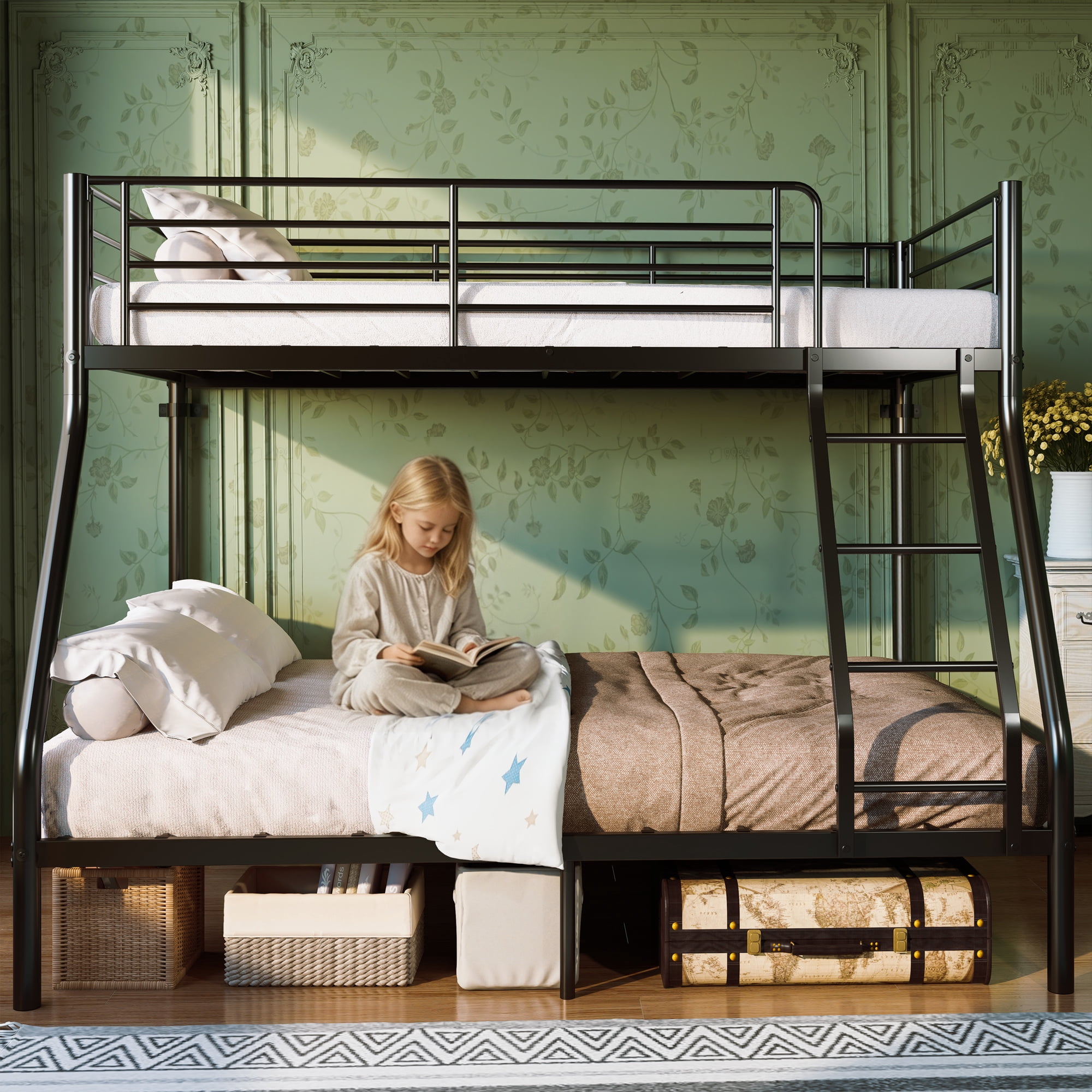 GARITIN Twin Over Full Size Metal Bunk Bed, Heavy Duty Bunk Bed Frame with Guardrail and Ladder for Adults Kids, Black