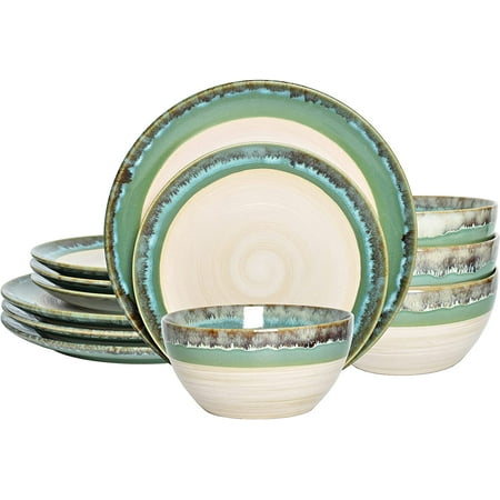 

Bosmarlin Stoneware Dinnerware Set Ceramic Bowls and Plates Set Service for 4 12 Piece Microwave and Dishwasher Safe Reactive Glaze (Turquoise green)