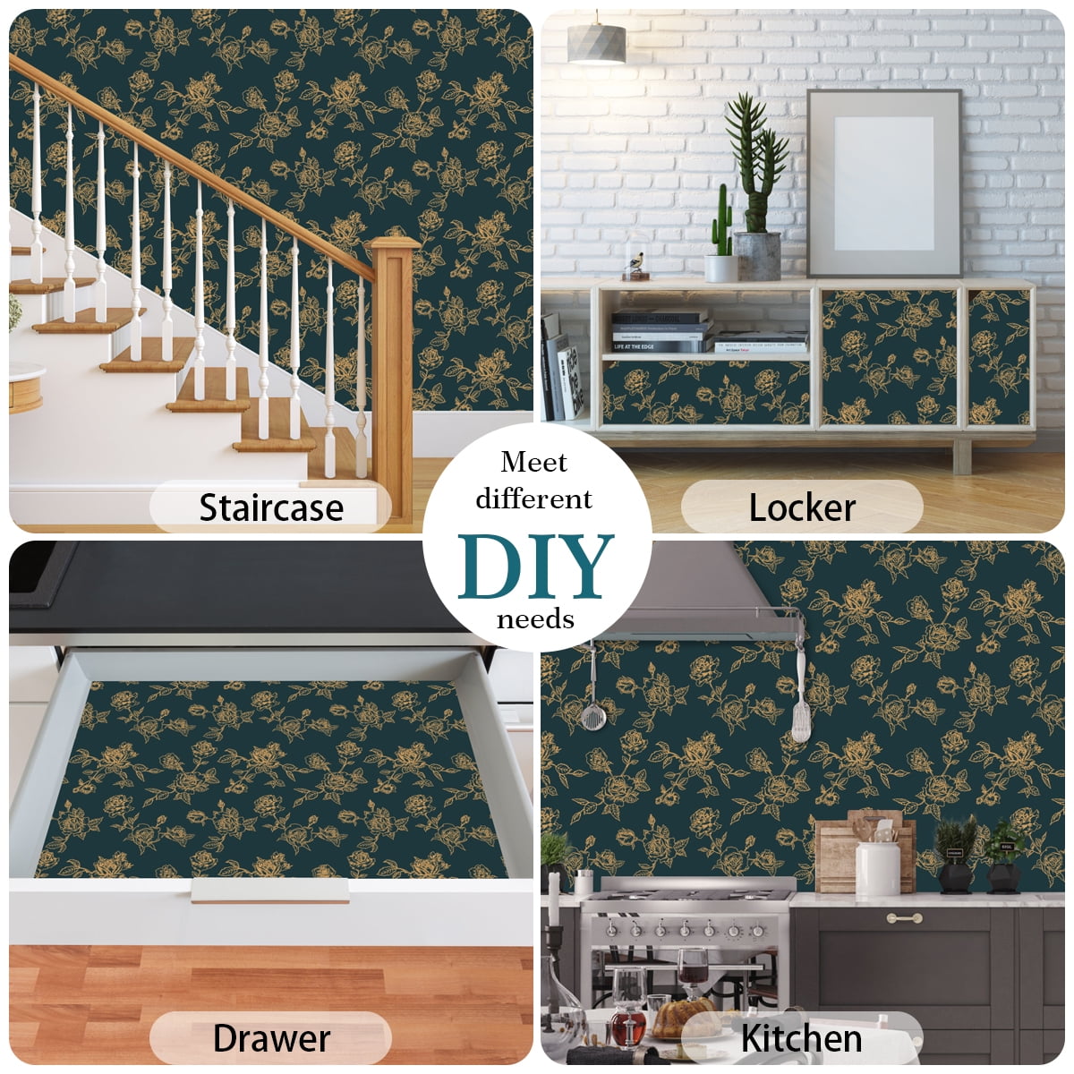 Arthome Blue Gold Flower-1, Peel & Stick Wallpaper 17"×120"