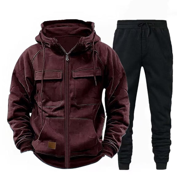 Havenre Mens Sweatsuits 2 Piece Set Full Zip up Drawstring Cargo Hoodies Sweatshirts and Jogger Sweatpants Set Casual Athletic Tracksuits Fall Spring Jogging Suit with Multi-Pockets Wine M