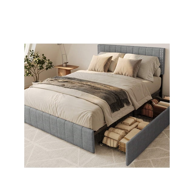 Marco de cama tapizado con 4 cajones, cabecera ajustable, silencioso, listones de madera, apto para colchones de 15 a 30 cm, no necesita somier.
