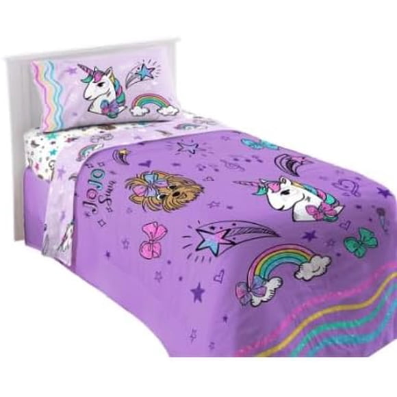 JoJo Siwa Ensemble de Draps 4 Pcs pour Lit Simple – Comprend une Couette, un Drap Plat et un Drap-Housse, et des Taies d'Oreiller Réversibles