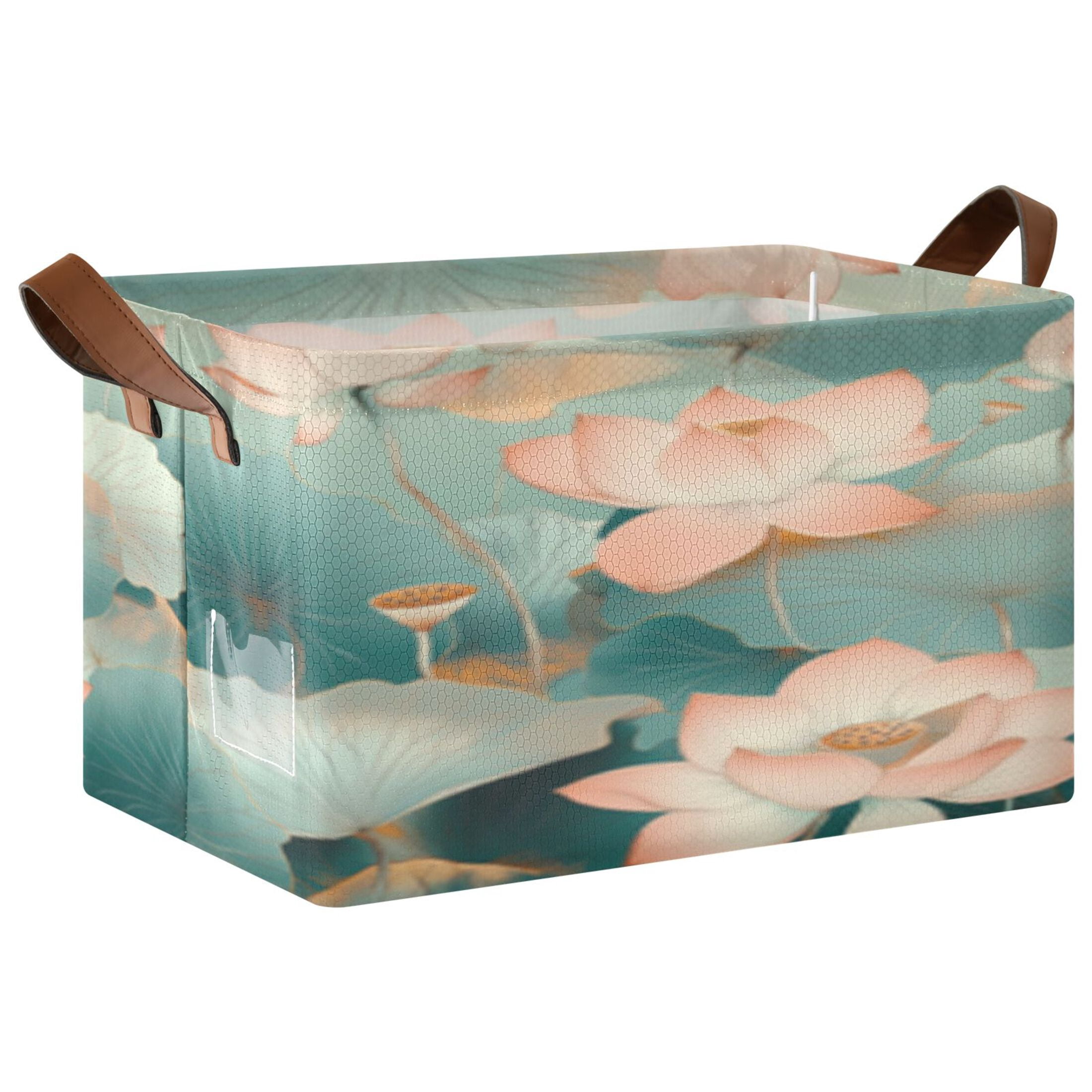 Rectangle Storage Basket with Handles Green Lotus Picture Collapsible Storage Bin Large Storage Bins Decorative for Clothes Toys Bedroom