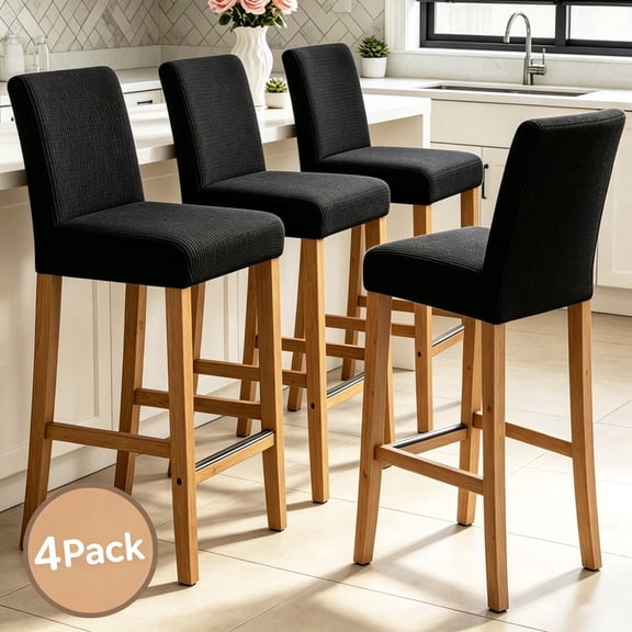 4 Pack Pub Counter Stool Chair Cover, Stretch Dining Chair Slipcover, Elastic Jacquard Fabric for Bar & Dining Chairs with Backrest(Black)