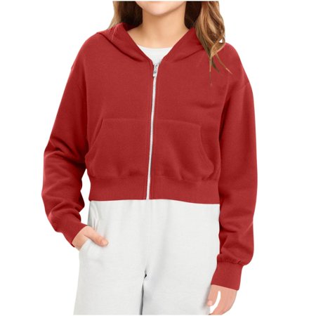 Bxsruta Jacket for Girls Mid Size Children s Zipper Solid Color Short Style Hooded Long Sleeved Sweatshirt with Pockets