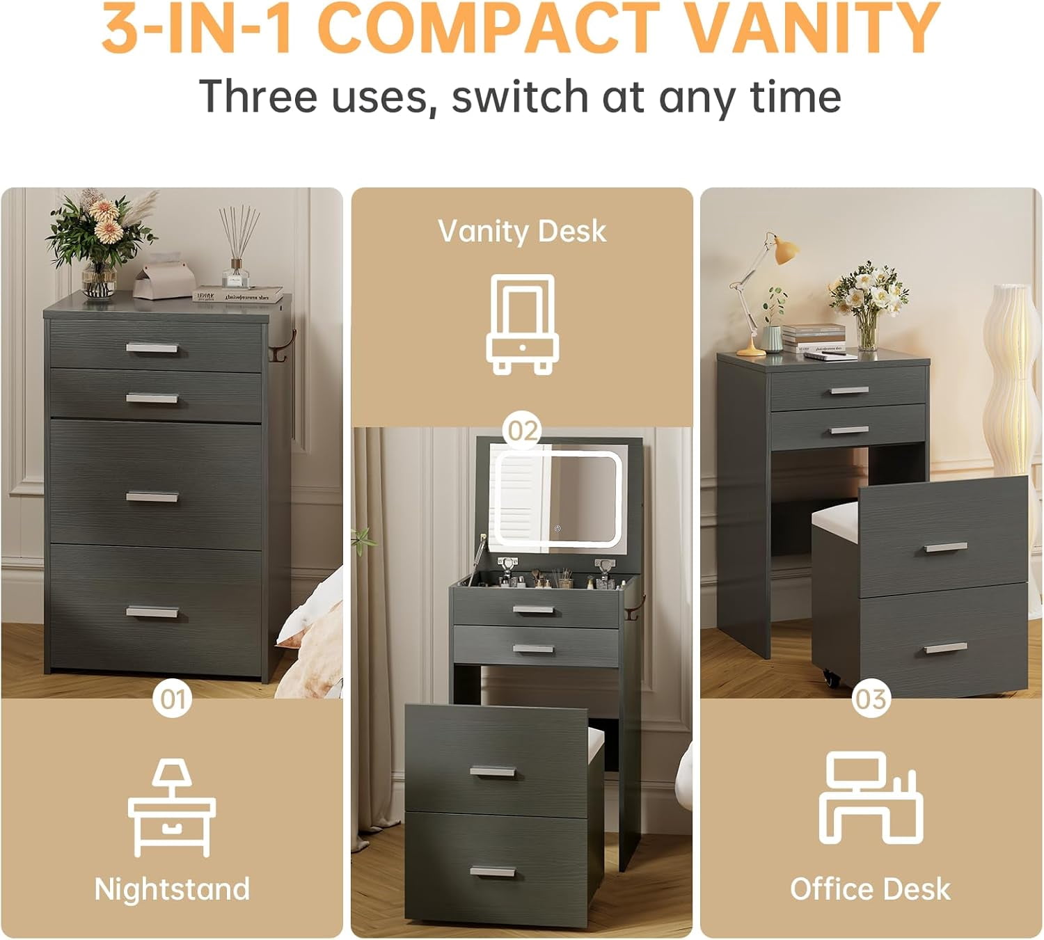 SELOOYE 3 in 1 Vanity Desk, Compact Vanity with 3 Drawers, Makeup Desk with Flip-up 3 Colors Lighting Mirror and Cushioned Stool, Small Vanities Nightstand Perfect for Bedroom, Grey