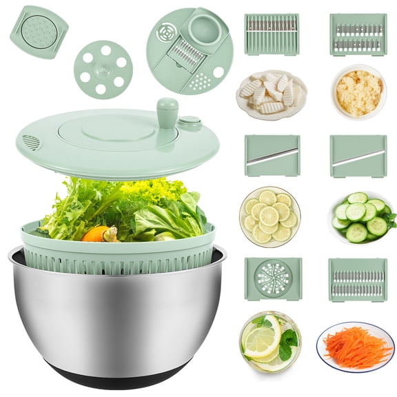 Salad Spinner 4.2Qt Stainless Steel, Lettuce Washer with 5-Blade Slicer Non-Slip Kitchen Tool for Kitchen Salad Vegetables