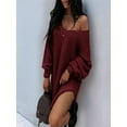 thumbnail image 4 of Sweaters for Women Cable Knit V Neck Solid Color Long Sleeve Casual Loose Fit Soft Pullover Tops Wine Red XXXL, 4 of 5