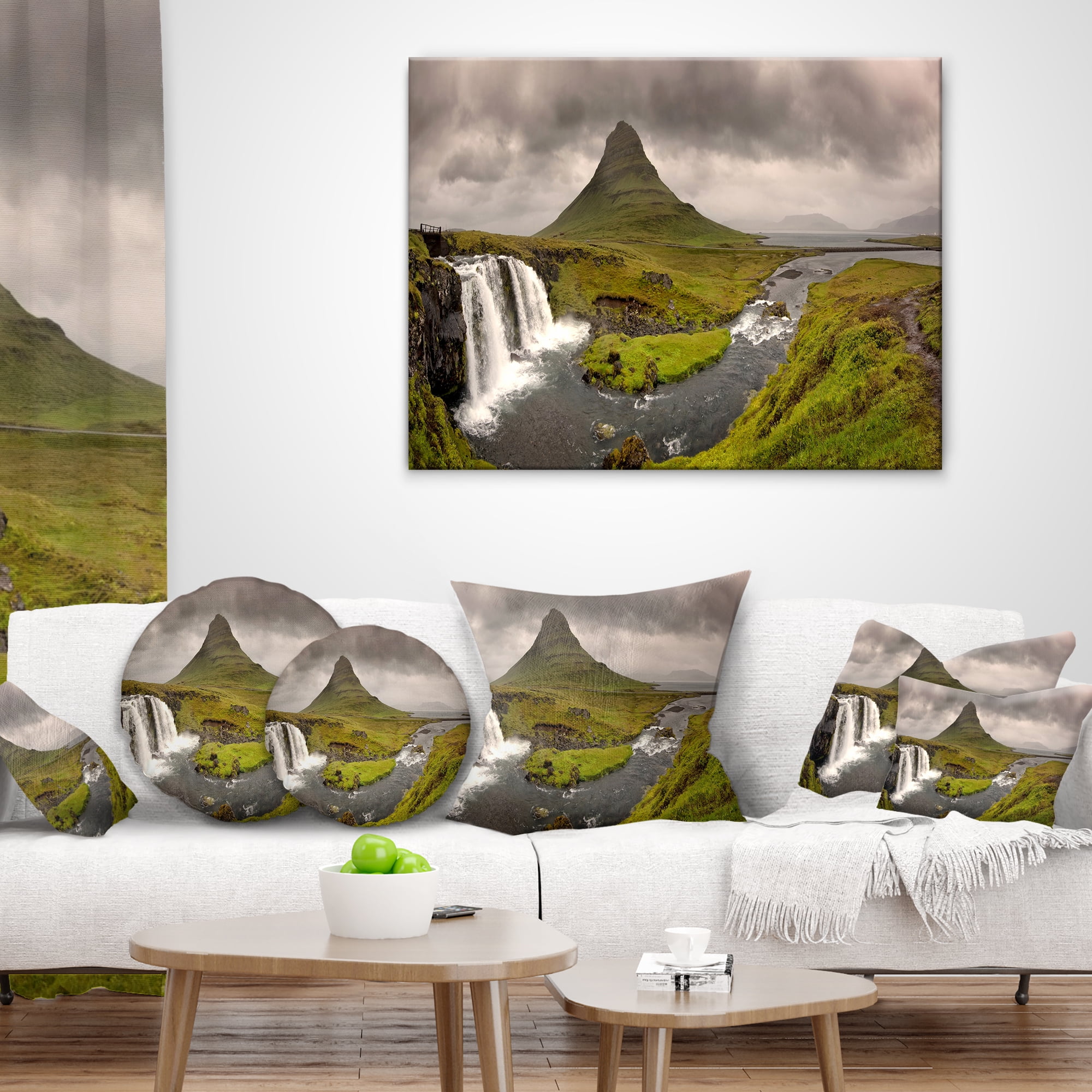 Designart Kirkjufell Waterfalls in Grundarfjordur - Landscape Printed Throw Pillow - 18x18