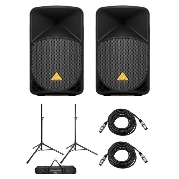Behringer Eurolive B112W 12" 1000W 2-Way Active PA Powered Speaker, Pair, Bundle with Speaker Stands and XLR Cables