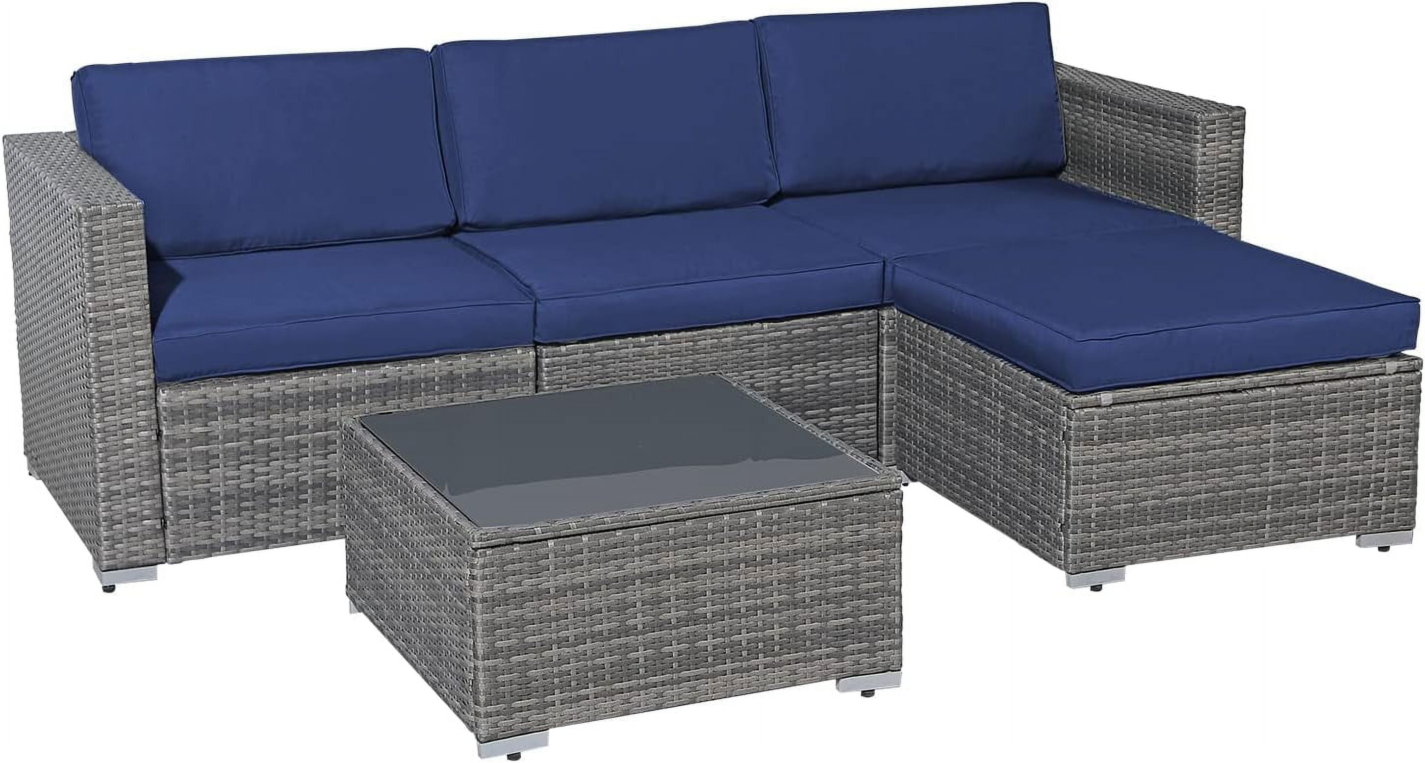 Patiorama 5-Piece Patio Furniture Set, Outdoor Sectional Conversation Set, All-Weather Dark Grey PE Wicker with Navy Blue Cushions, Outdoor Backyard Porch Garden Poolside Balcony