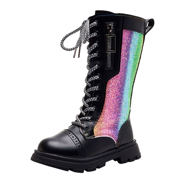 Girls Glitter Knee High Boots Thick Sole Lace Up Mid Calf Combat Bootits Sparkly Riding Boots for Kids