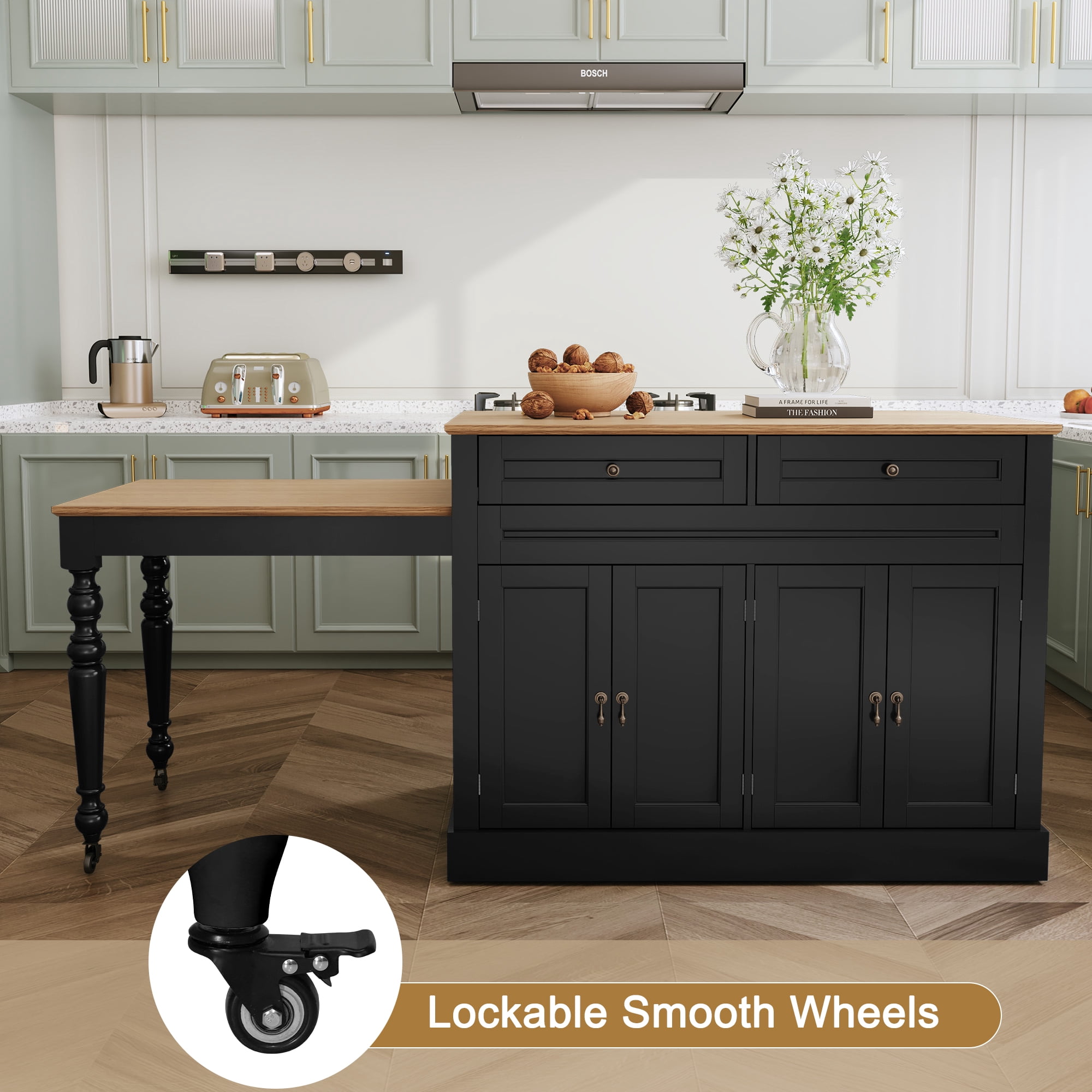 HLR 86.61" Mid-Century Extendable Kitchen Islands on Wheels with Roman column legs, Dining Table Cart with Storage, Black