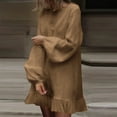 thumbnail image 2 of Oksale Plus Size Womens Cotton Linen Dresses Loose Fit Ruffle Hem Mini Dress Cozy Long Sleeve Dresses Casual Creneck Dress Soft Solid Color Fall Dresses Coffee S, 2 of 6