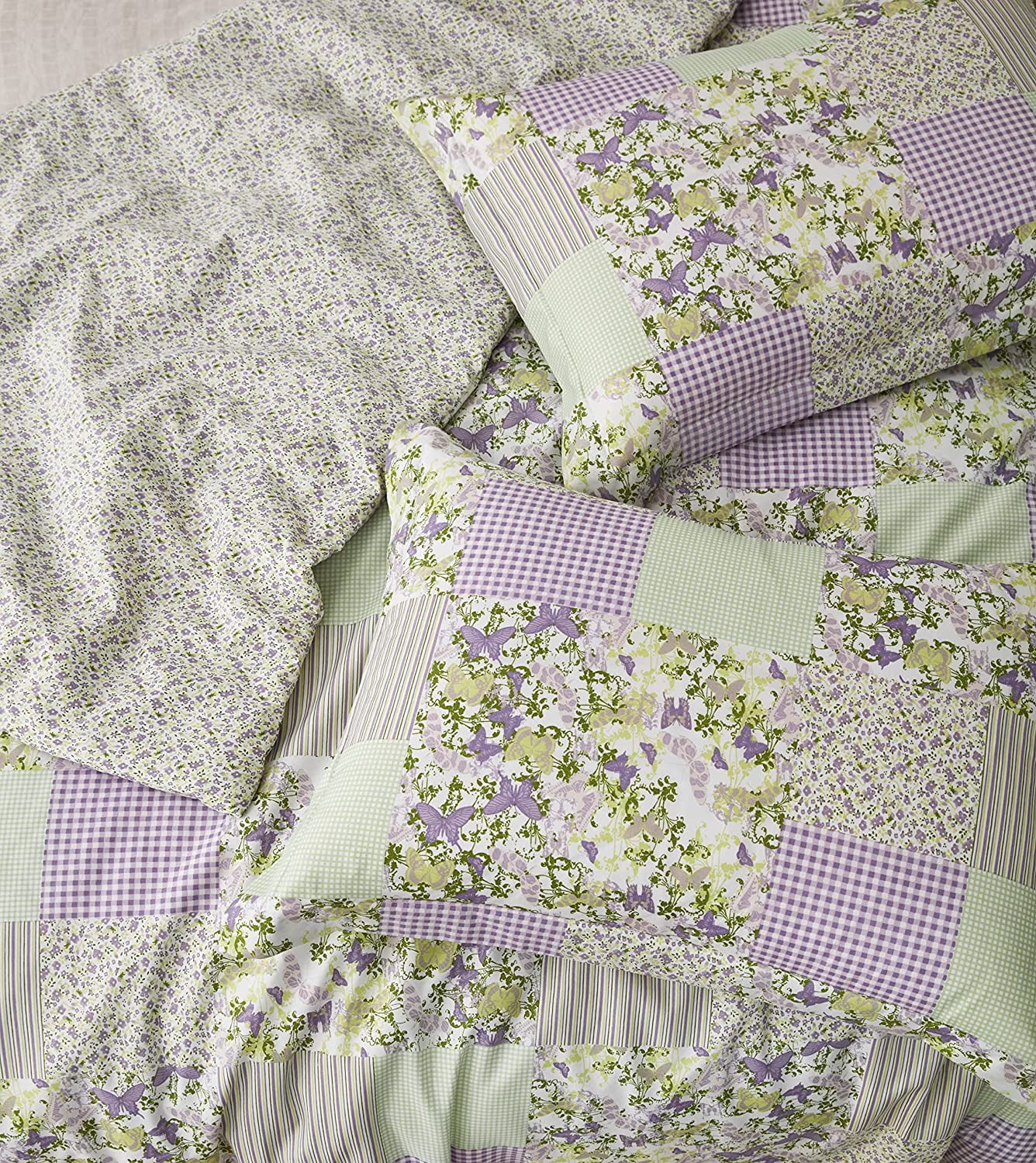Chezmoi Collection Daisy 3-Piece Printed Patchwork Comforter Set, Purple Butterfly Botanical Candy Stripe Checkered Lightweight Reversible Microfiber Bedding, Twin Size