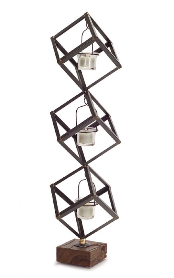 24" Decorative Stacked Boxes on Wood Base Votive Candle Holder