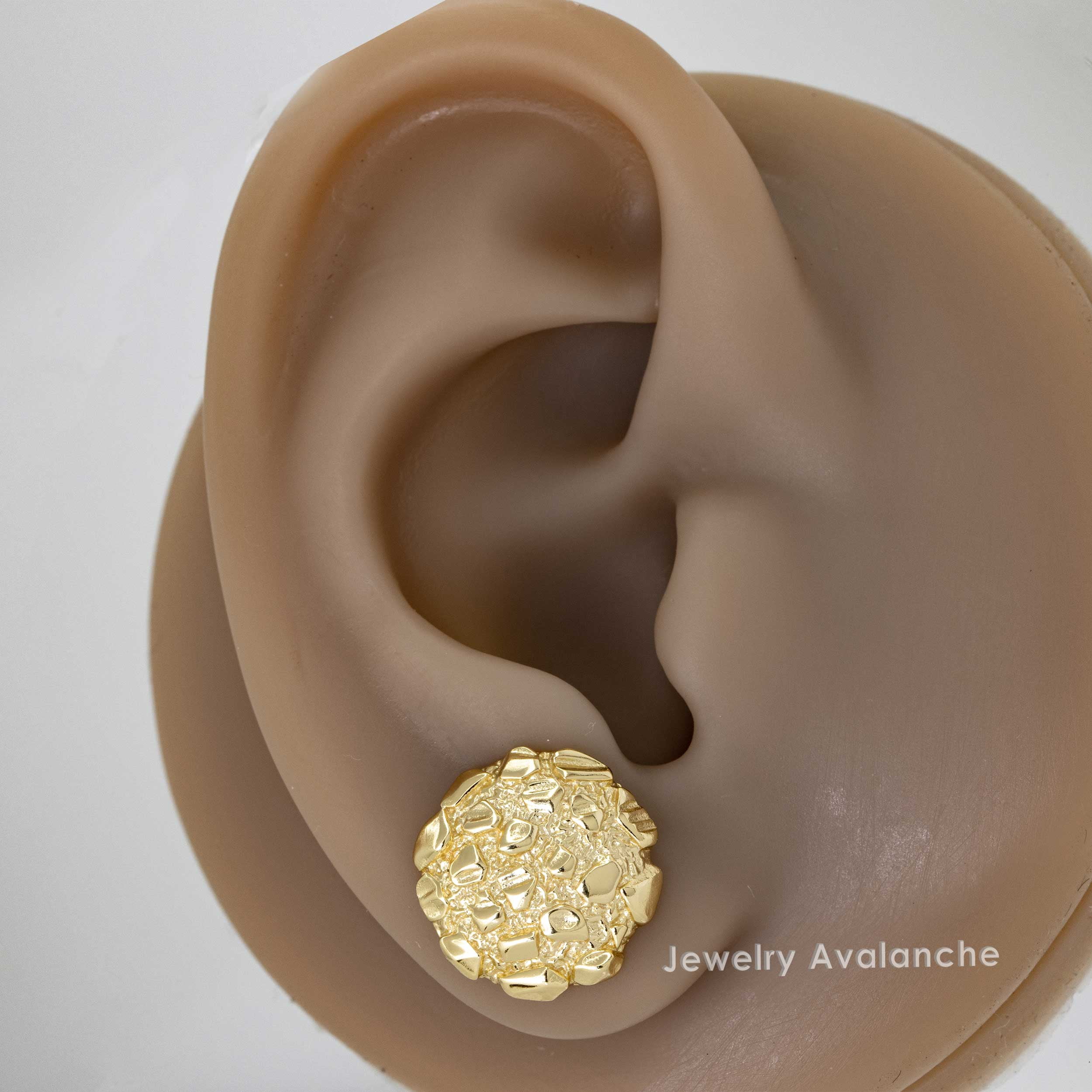 Nugget Stud Earrings - Yellow Gold Plated Sterling Silver Textured Chunky Studs - Hypoallergenic Minimalist Earrings for Men-Women 14mm