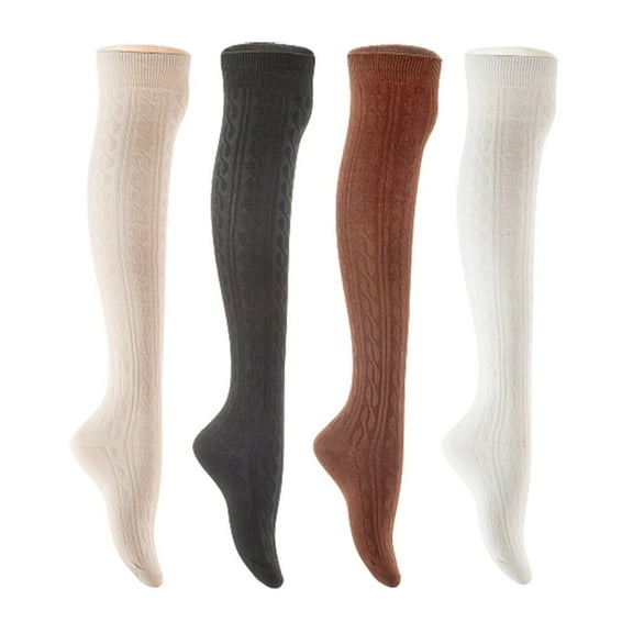 Lian LifeStyle Women's 4 Pair Adorable Comfortable Soft Thigh High Over Knee High Cotton Socks Size 6-9 L1024 Cream,Black,Coffee,White