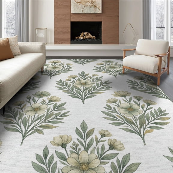 ODIKA 8'x10' Washable Area Rug Vintage Botanical Distressed Impressionist Circular Watercolor Refined for Dining Room, Large Office, Lounge, Non-Slip Chair-Friendly Mat