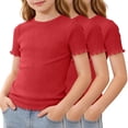 thumbnail image 3 of KyCheLot 3 Pack Ribbed Knit Tops for Girls Crew Neck Solid Color Short Sleeve T-Shirts Trendy Ruffle Trim T-Shirts, 3 of 7