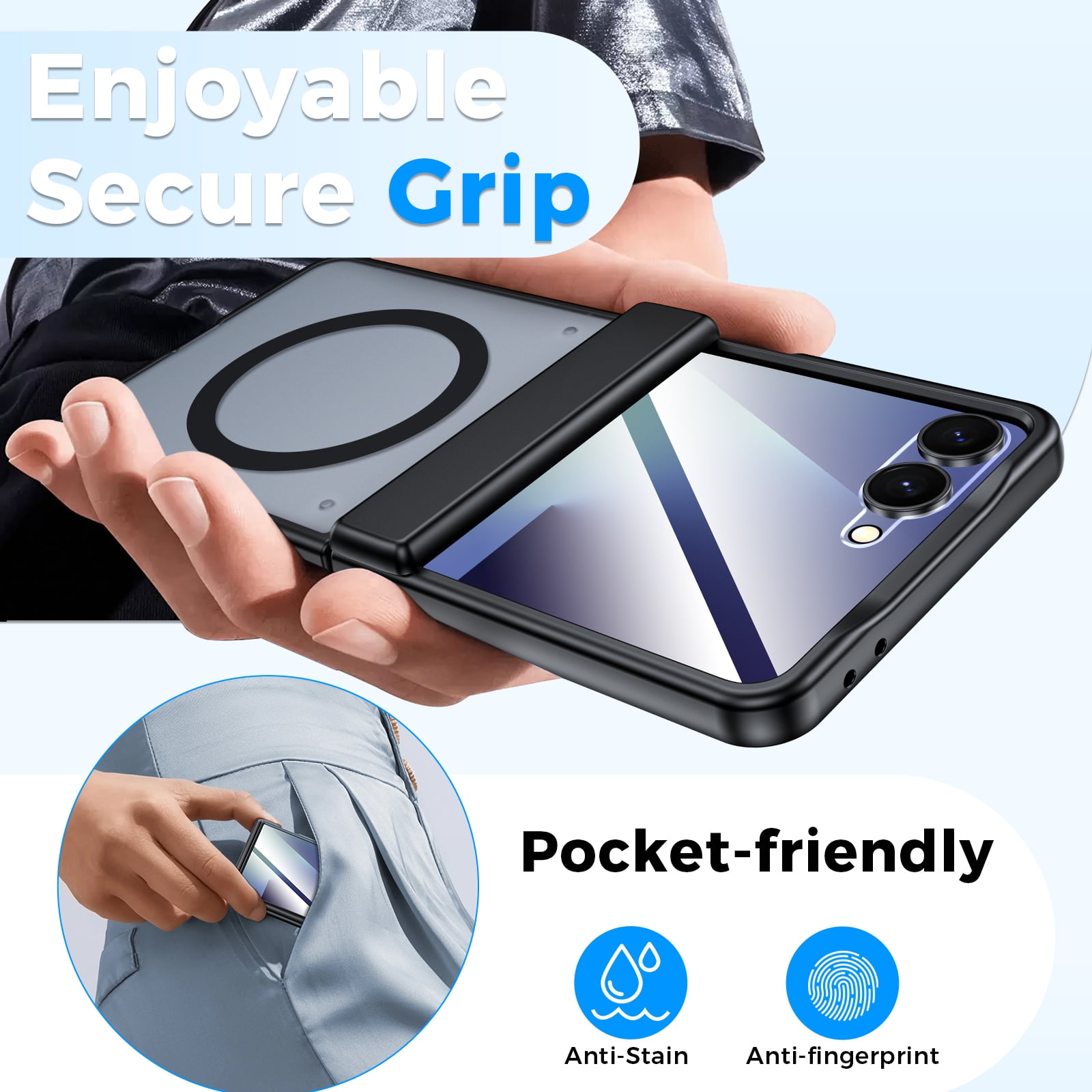Oupeigar for Samsung Galaxy Z Flip 7 Phone Case,Compatible with MagSafe,Screen Protector,Anti-Fingerprint Translucent Matte Shockproof Case-Black