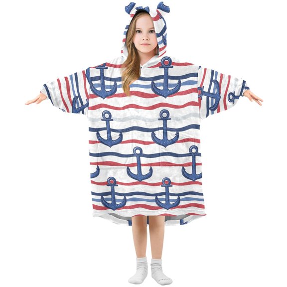 Blue Anchor Pattern Wearable Blanket Hoodie Oversized Flannel Soft Warm Cozy 3-14 Age Small