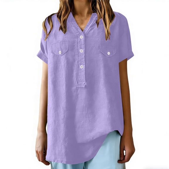Mceream Cotton Linen Shirts for Women Loose Fit Button Down Summer Loose Fit Short Sleeve V Neck Tops Dressy Casual Oversized Tshirts Comfort Work Tops Plus Size Camisa De Algodon Para Mujer Purple L