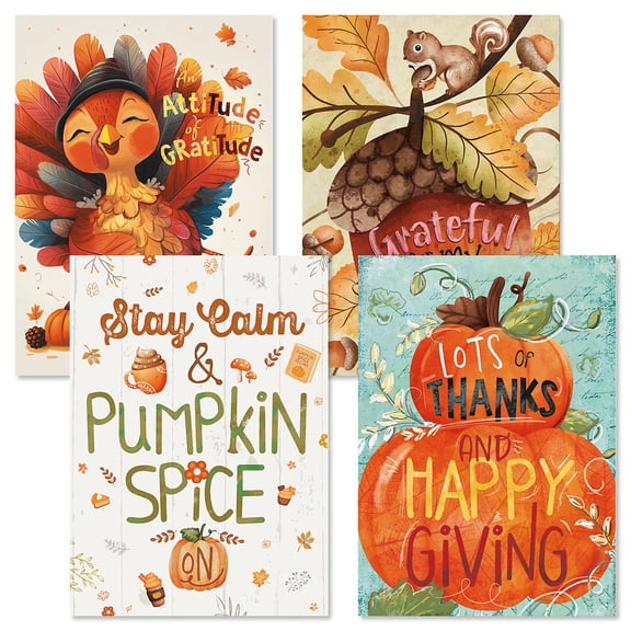 Current Whimsey Thanksgiving Greeting Cards, 8 Ct., 2 Each of 4 Designs, 5"" x 7"" Folded, Envelopes Included, Holiday, Value Pack