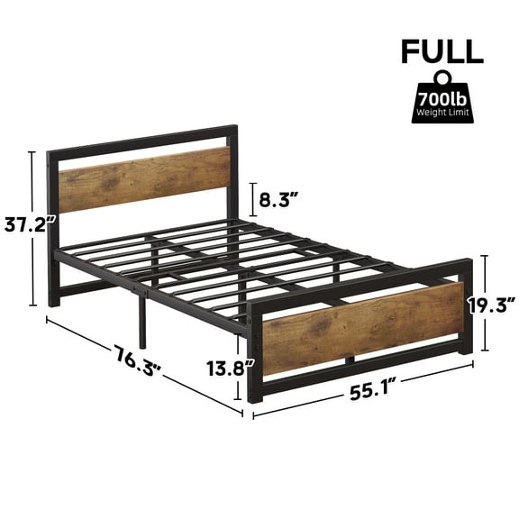 FULL Size Bed Frame, Industrial Queen Bed Platform with Headboard No Box Spring Needed, 14 Inch Easy Assemble Queen Mattress Bedframe, Retro Brown