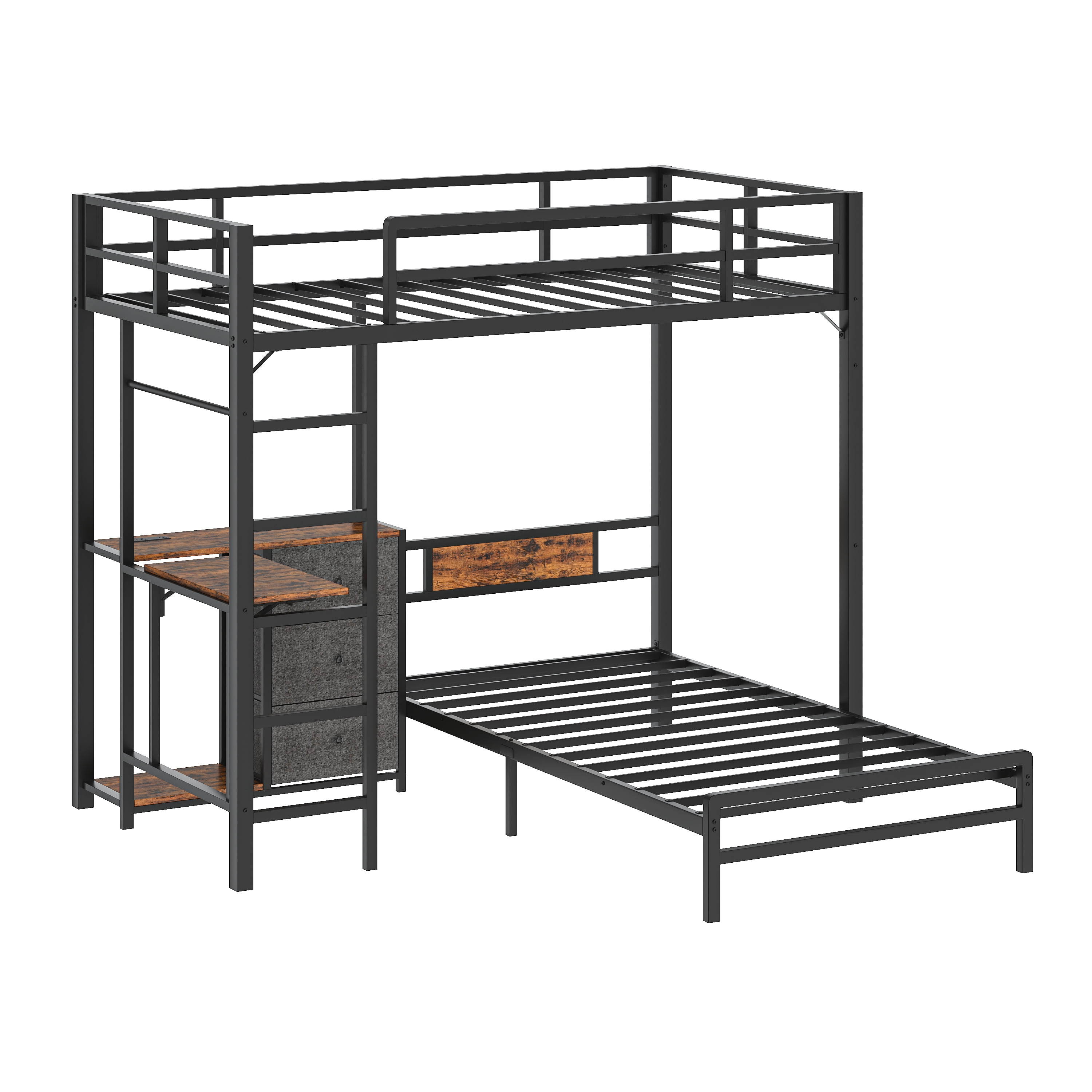 Bunk Bed with Folding Table & 3 Storage Drawers, Twin Over Twin Metal Bunk Bed with Safety Rails & Ladder, Space-Saving for All Ages, Multi-Functional, Black