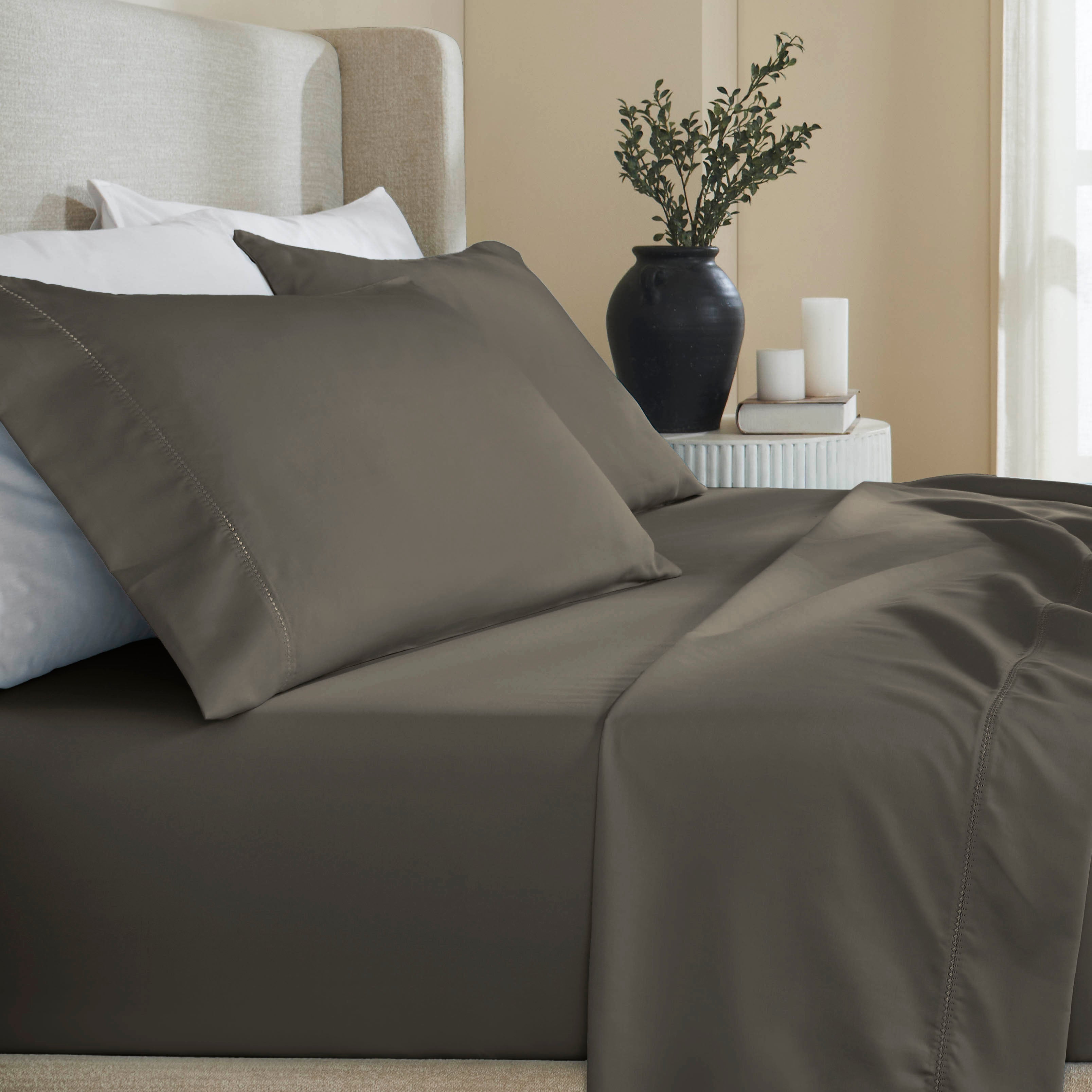 Superior Cotton Blend 600 Thread Count Embroidered Sheet Set, Olympic Queen, Grey