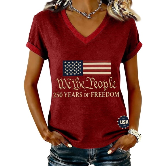 Women's 250Th Anniversary Shirts Patriotic American Flag Short Sleeve V Neck Tops 4th of July Patriotic Tee 1776-2026 Wine L