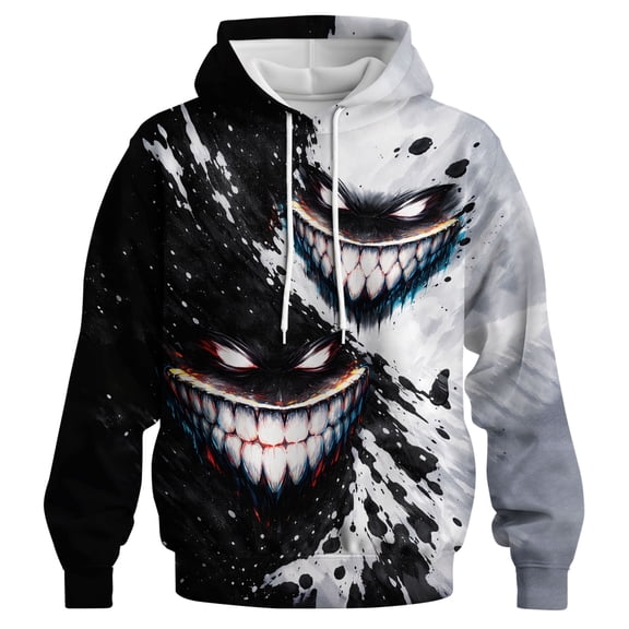 Rebaike Yin Yang Inspired Hoodie for Men Women, Black White Duality Monster Grin Graphic Pullover, Creepy Smile Gothic Streetwear Sweatshirt, Light and Dark Abstract Hooded Top 