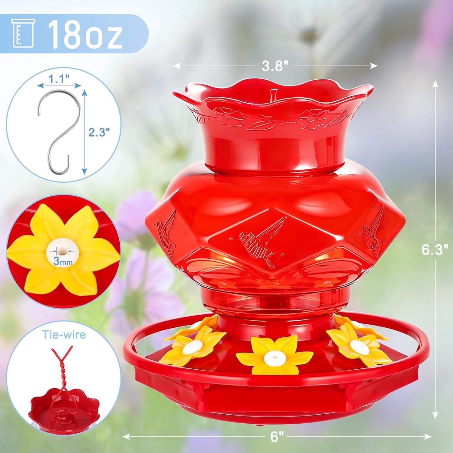 Plastic Hummingbird Feeders for Outdoors Hanging,1 Pack Red 18OZ Diamond Humming Bird Feeders with 6 Feeding Ports & Perch, Built-in Ant Moat, Gifts for Women, Durable Outside Garden Decor