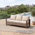 thumbnail image 4 of MeetLeisure 75" Patio Metal Wicker Sofa, All-Weather Outdoor Rattan 3-Seat Couch with Premium Cushions & Wood-Looking Metal Armrest for Garden Backyard Porch Deck, Beige, 4 of 12