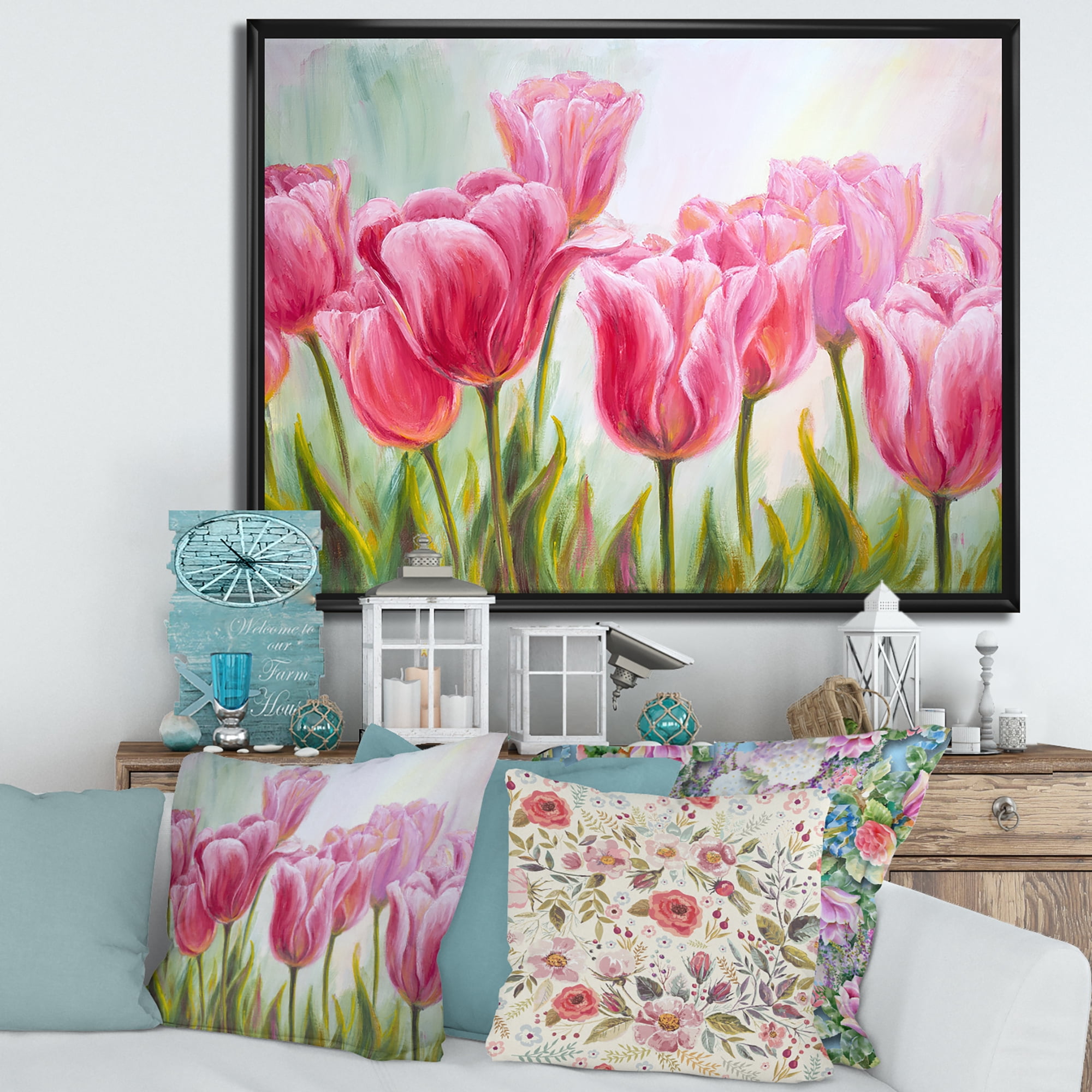 Designart 'Blossoming Red and Pink Tulips Flowers ' Traditional Framed Canvas Wall Art Print