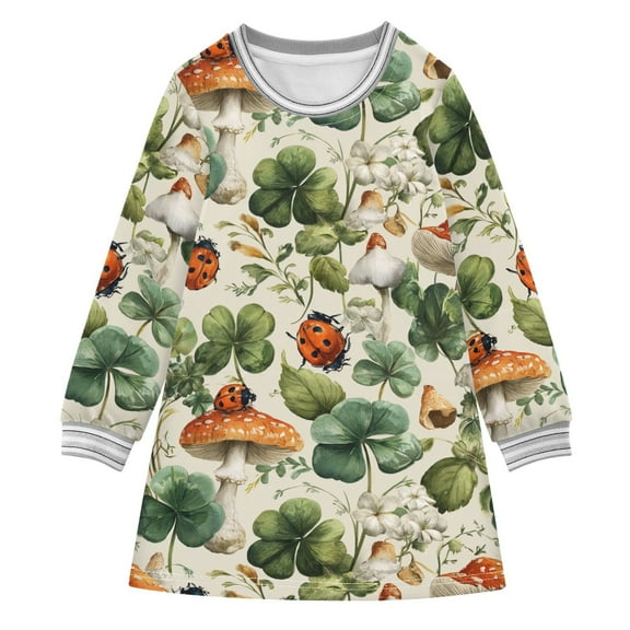 Girls' long-sleeved dress Mushroom Ladybug Girls' A-line dress with ribbed cuffs Soft and comfortable